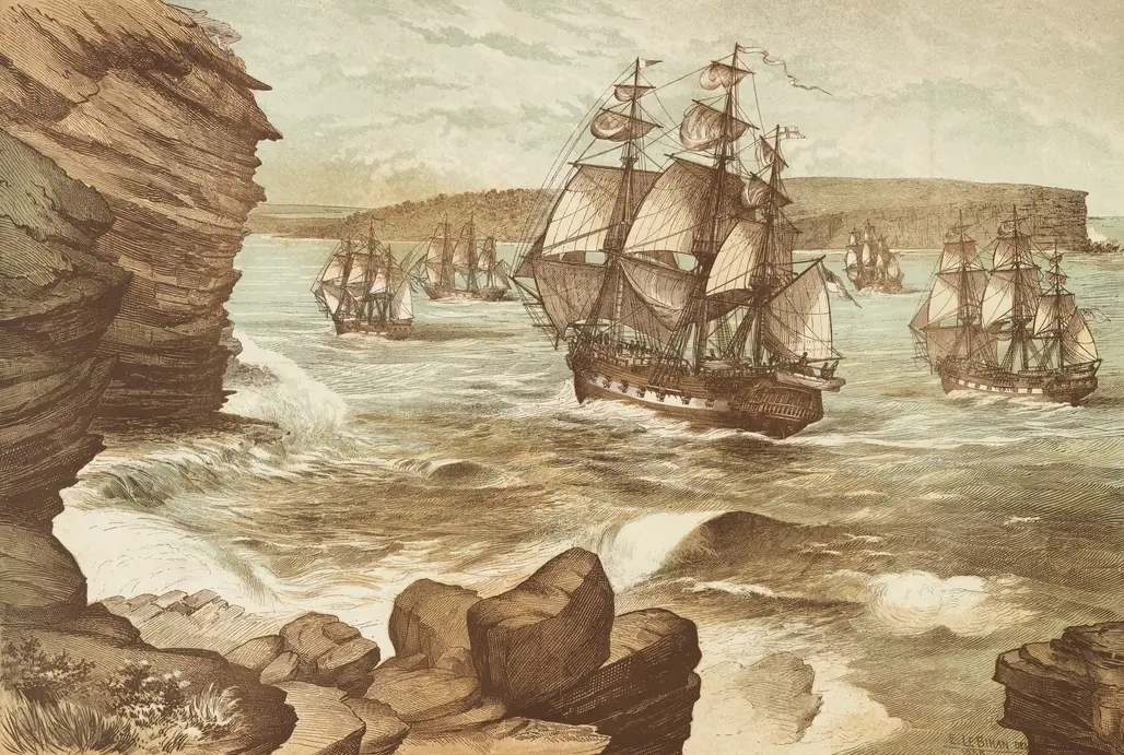 First Fleet qui entre dans Port Jackson le 26 janvier 1788